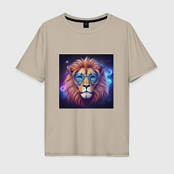 Футболка оверсайз мужская Космический лев в очках, цвет: миндальный