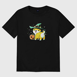 Футболка оверсайз мужская Корги и тыква, цвет: черный