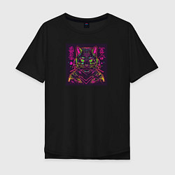 Мужская футболка оверсайз Неоновый кот самурай