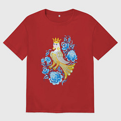 Мужская футболка оверсайз Птица Сирин в цветах по мотивам гжельской росписи