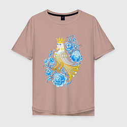 Мужская футболка оверсайз Птица Сирин в цветах по мотивам гжельской росписи