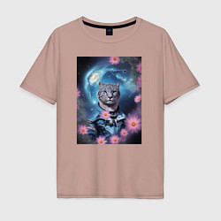 Мужская футболка оверсайз Тигр в костюме и галактика с цветами