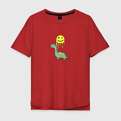 Футболка оверсайз мужская Мультяшный динозавр и стекающий смайлик, цвет: красный