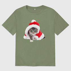 Футболка оверсайз мужская Котик Санта в новогоднем колпаке, цвет: авокадо