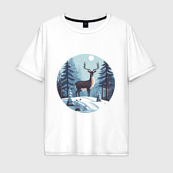 Футболка оверсайз мужская Зимняя сказка олень в лесу, цвет: белый
