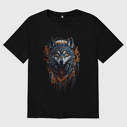 Футболка оверсайз мужская Волк и ловец снов, цвет: черный