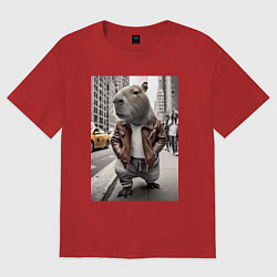 Футболка оверсайз мужская Trendy capybara on the streets of New York, цвет: красный