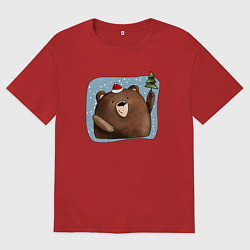 Футболка оверсайз мужская Медведь и елка, цвет: красный