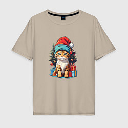 Мужская футболка оверсайз Кот в новогодней шапке на фоне елки