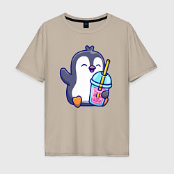 Мужская футболка оверсайз Пингвин с напитком