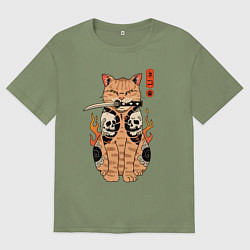 Футболка оверсайз мужская Огненный кот якудза самурай, цвет: авокадо