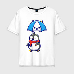 Мужская футболка оверсайз Пингвин с кошачим зонтом