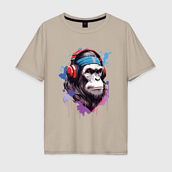 Мужская футболка оверсайз Шимпанзе в наушниках