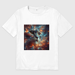 Футболка оверсайз мужская Портрет кота в космической туманности, цвет: белый