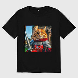 Мужская футболка оверсайз Рыжий кот рыцарь с мечом