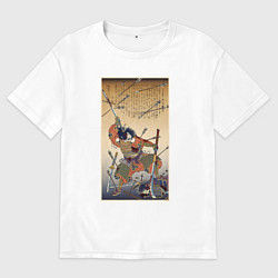 Футболка оверсайз мужская Японский самурай с катаной и нагинатой: гравюра ук, цвет: белый