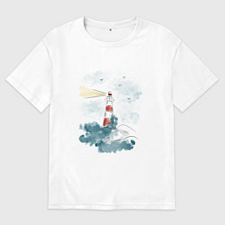 Футболка оверсайз мужская Маяк и волны - акварель, цвет: белый