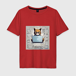 Мужская футболка оверсайз Кот программист за ноутбуком