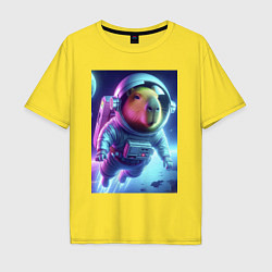 Мужская футболка оверсайз Полёт капибары в космосе - неон