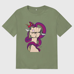 Футболка оверсайз мужская Кобра вьется вокруг руки механика, цвет: авокадо