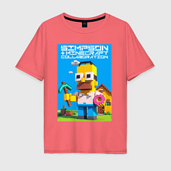 Футболка оверсайз мужская Homer Simpson and Minecraft - collaboration ai art, цвет: коралловый