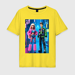 Футболка оверсайз мужская Барби и Кен в ночном городе - нейросеть, цвет: желтый