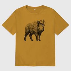 Мужская футболка оверсайз Кабан в новогоднем колпаке