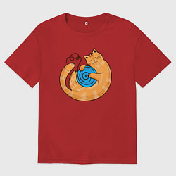 Футболка оверсайз мужская Арт мультяшный рыжий кот с клубком спит котуром, цвет: красный