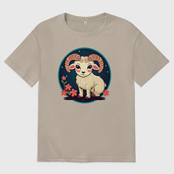 Футболка оверсайз мужская Барашек знак зодиака Овен на фоне цветов, цвет: миндальный