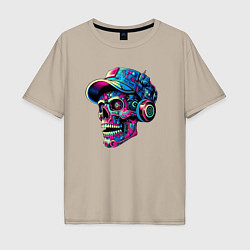 Мужская футболка оверсайз Кибер череп чувак в наушниках - нейросеть