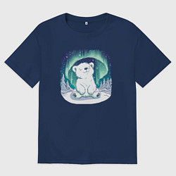 Мужская футболка оверсайз Белый медвежонок под северным сиянием
