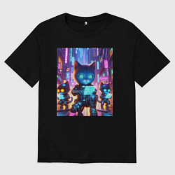 Мужская футболка оверсайз Продвинутые кибер котята - неоновое свечение