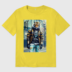 Футболка оверсайз мужская Чувак тигр на своём районе - нейросеть, цвет: желтый