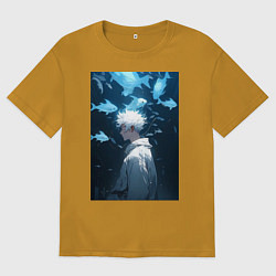 Футболка оверсайз мужская Магическая битва Сатору Годзё арт рыбы, цвет: горчичный