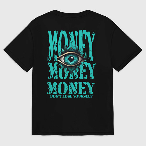 Мужская футболка оверсайз Розовый полигональный кролик с деньгами и глаз / Черный – фото 2