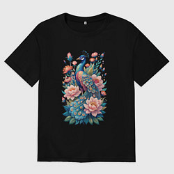 Мужская футболка оверсайз Павлин среди цветов