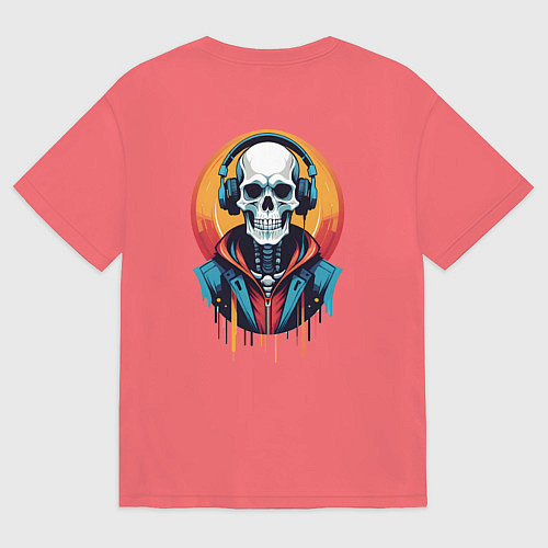 Мужская футболка оверсайз Скелет в наушниках / Коралловый – фото 2