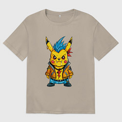 Мужская футболка оверсайз Злой Пикачу панк с голубым ирокезом