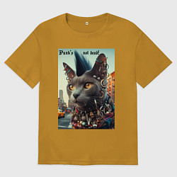 Футболка оверсайз мужская Уличный кот панк музыкант - нейросеть, цвет: горчичный