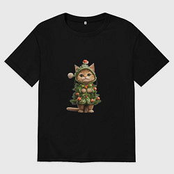 Мужская футболка оверсайз Кот в костюме новогодней елки
