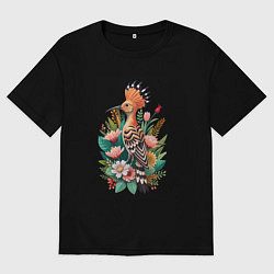Футболка оверсайз мужская Птица удод среди цветов, цвет: черный