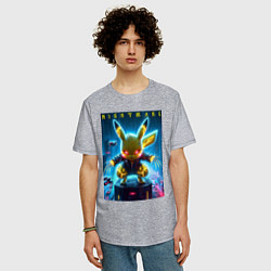Футболка оверсайз мужская Cyber Pikachu - neon glow ai art, цвет: меланж — фото 2