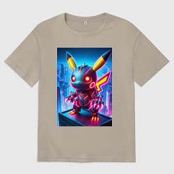 Футболка оверсайз мужская Ужасный пикачу - нейроарт неоновое свечение, цвет: миндальный