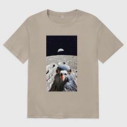 Футболка оверсайз мужская Голубь на луне делает селфи, цвет: миндальный