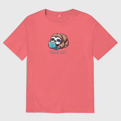 Футболка оверсайз мужская Ленивец уснул за ноутбуком, цвет: коралловый