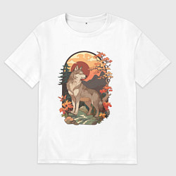 Футболка оверсайз мужская Волк в лесу в японском стиле, цвет: белый