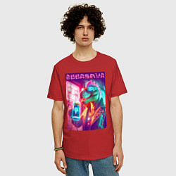 Футболка оверсайз мужская Cool dude Dino with a mug of beer - ai art, цвет: красный — фото 2