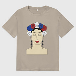 Футболка оверсайз мужская Женский портрет: девушка в венке триколор, цвет: миндальный