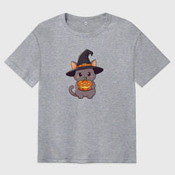 Футболка оверсайз мужская Кот в шляпе ведьмы с тыквой, цвет: меланж