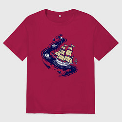 Футболка оверсайз мужская Парусник в космосе, цвет: маджента